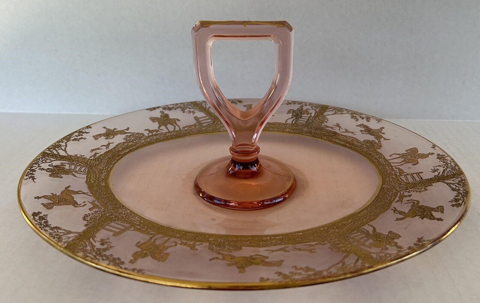 Cambridge Glass Imperial Hunt Gold Encrusted Pink Sandwich Tray Center Handle