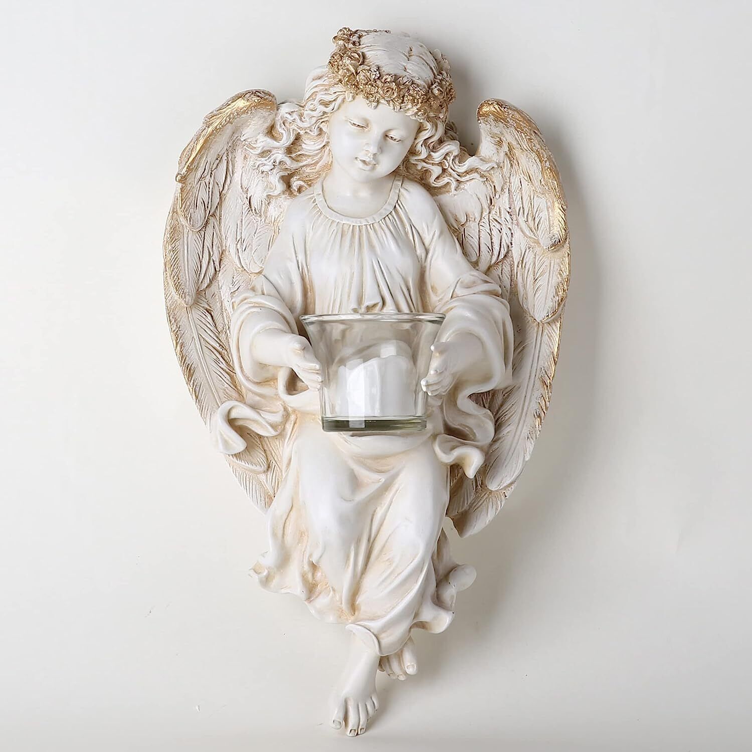 Figurine Angel Candle Holder Wall Mounted Resin Modern White Medium Hand Painted