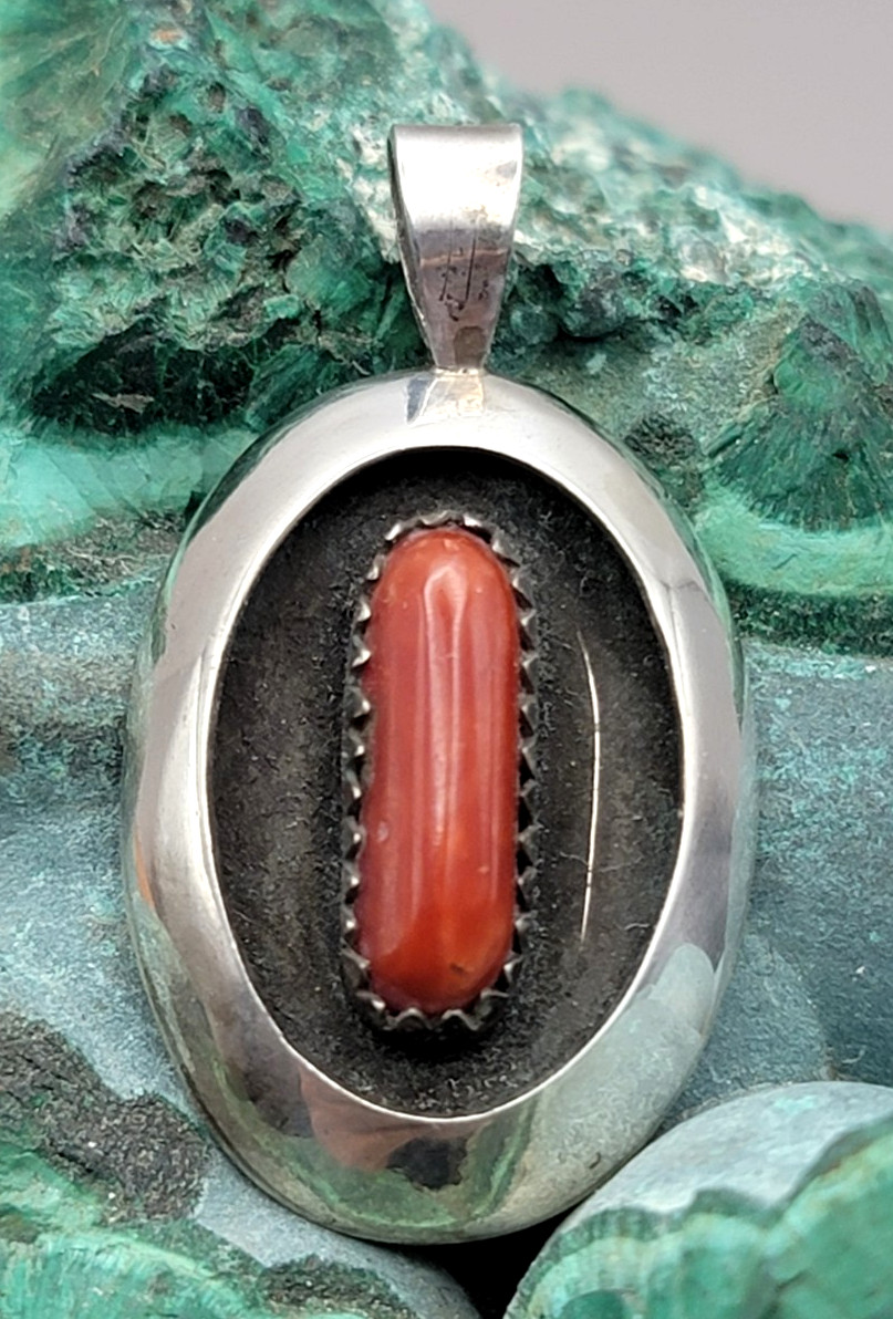 OX BLOOD CORAL shadow box Navajo sterling silver  Pendant