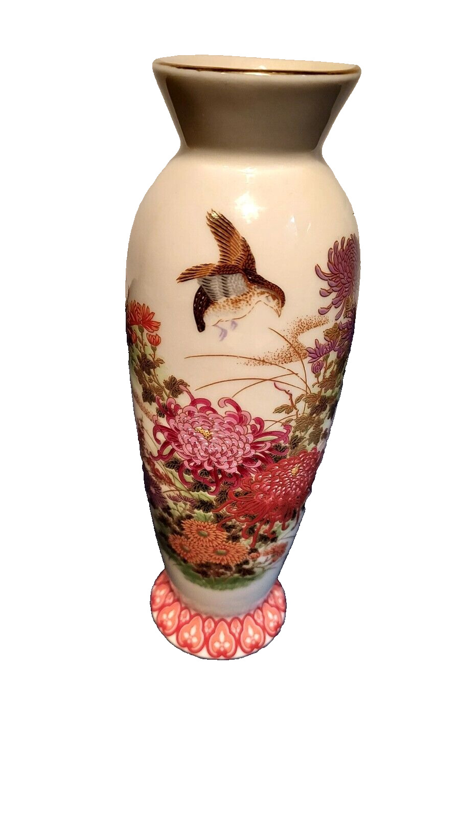 Shibata Japan Vase Vintage Floral W/Birds Chrysanthemums