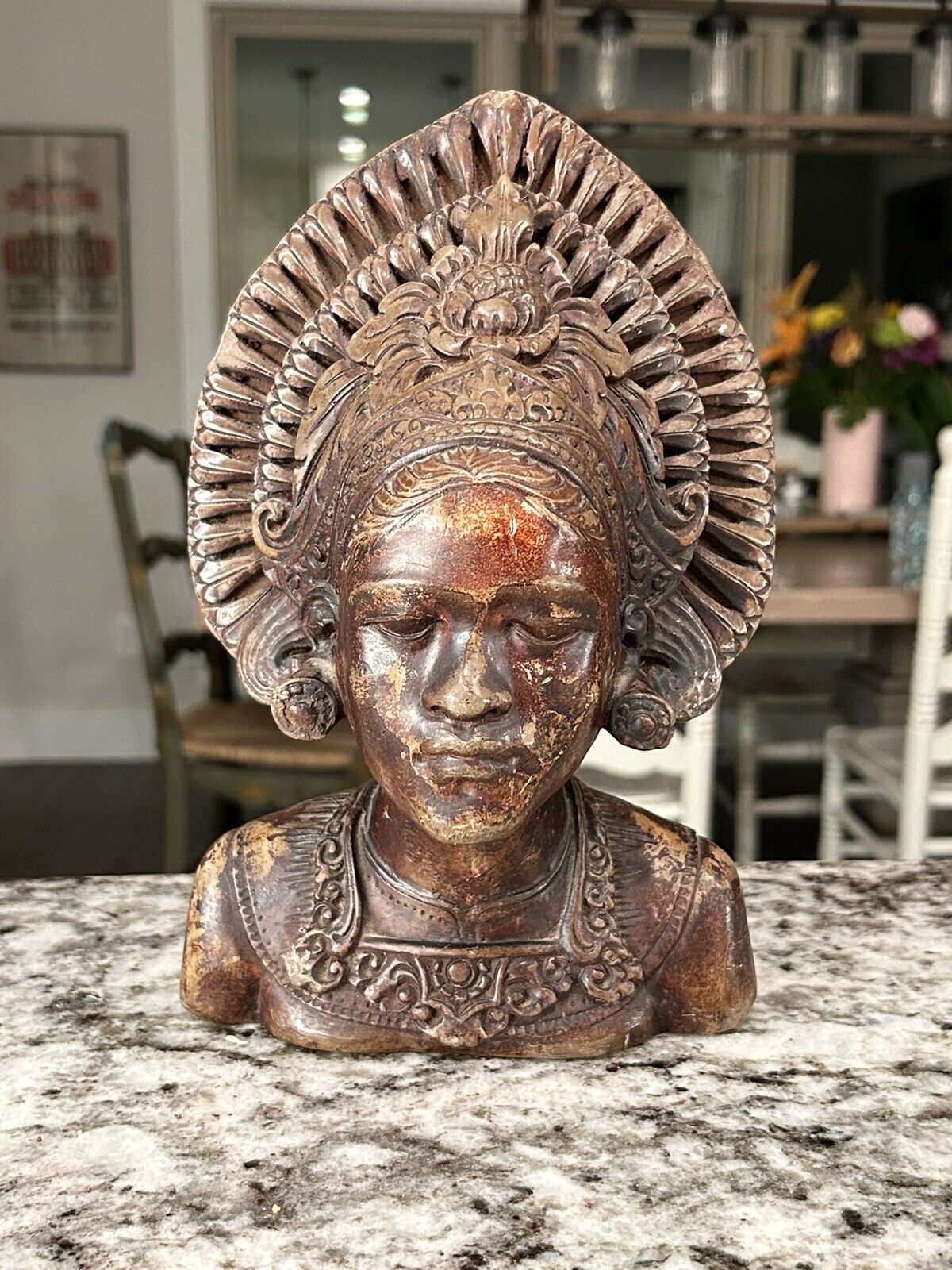 Vintage Replica Bali Ceramic Female Warrior Goddess Statue Bust 10in Asian Art