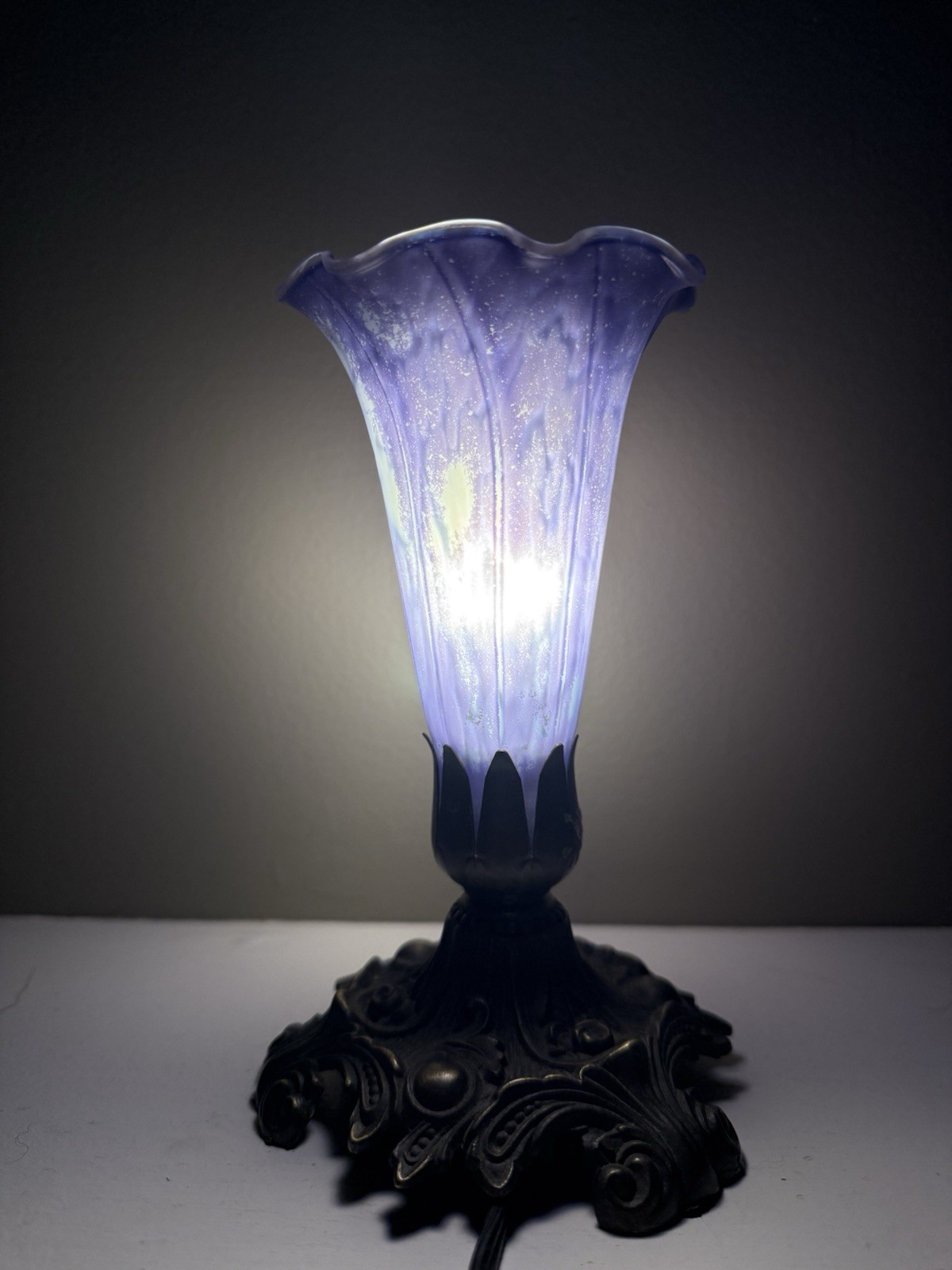 Vintage Purple W/white Frosted Spotted Glass Fluted Tulip Miniature Lamp 6.5”