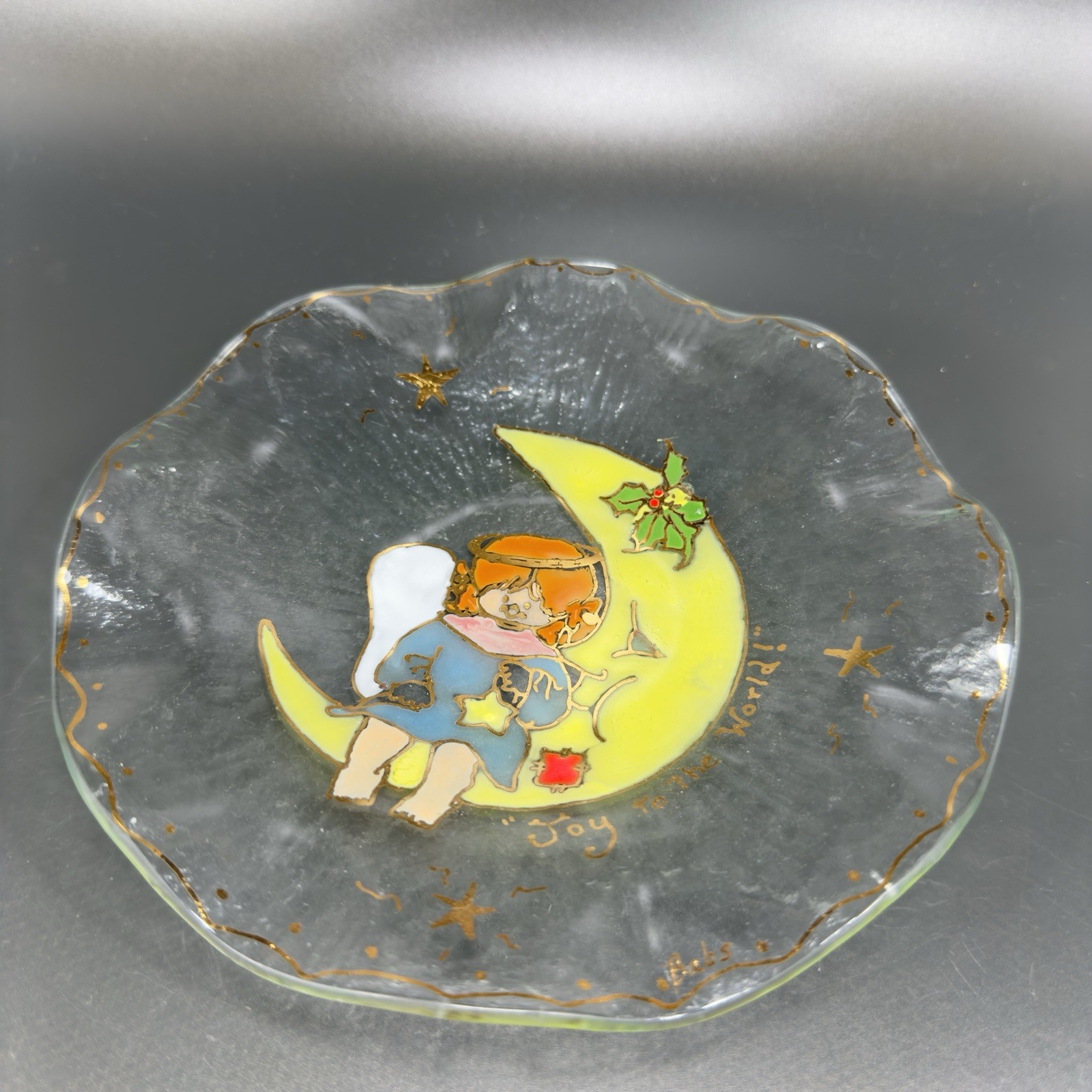 Hand Made Enameled Fused Glass Dish Signed Babs Ruffled Joy To The World Plate