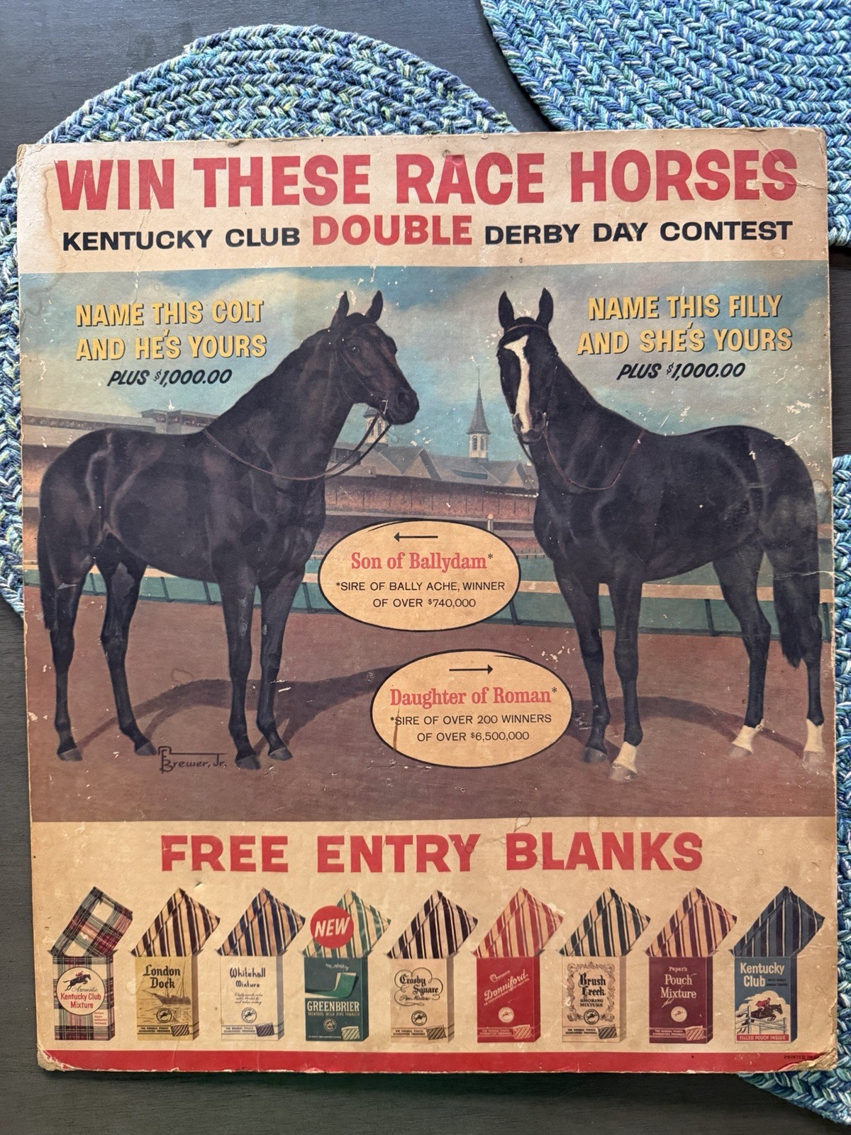 vintage 1965 Win These Race Horses Kentucky Club pipe tobacco contest Cardboard