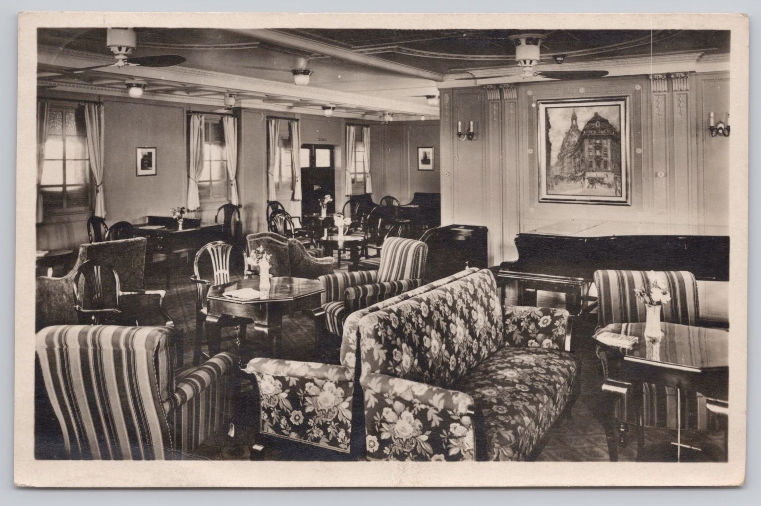 NORDDEUTSCHER LLOYD SS Dresden Cabin Class Lounge RPPC 1929 Seepost