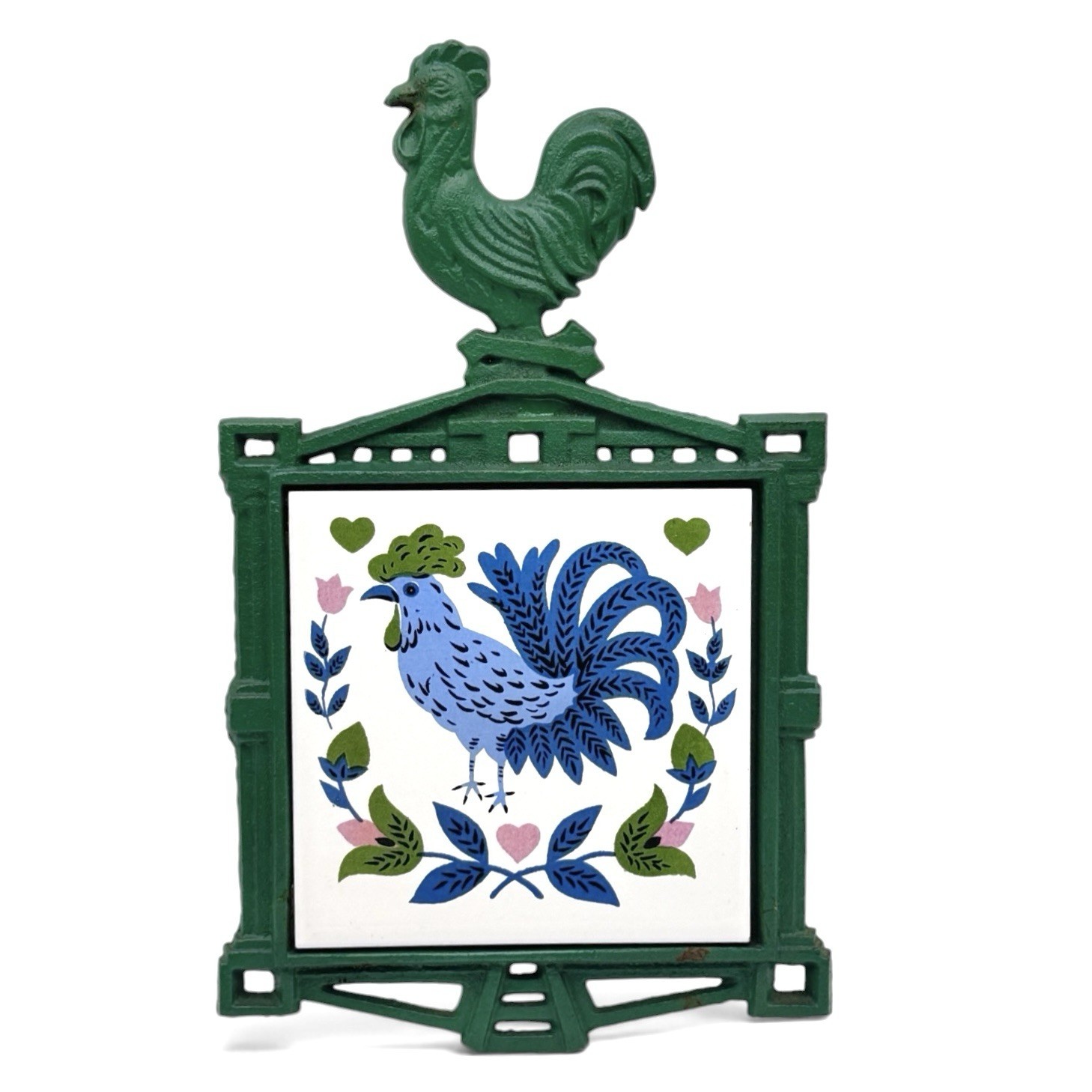 Vintage NAPCOWARE Cast Iron Rooster Trivet Wall Green Folk Art Country Kitsch 9”