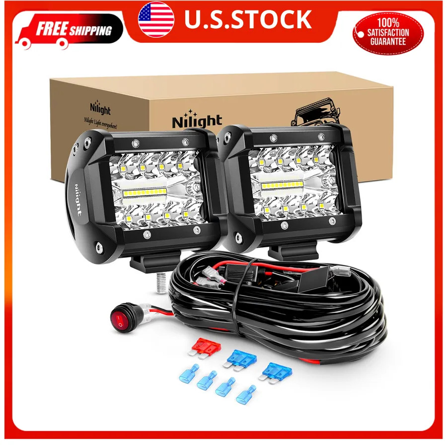 2PCS Nilight 4 Inch 60W LED Light Bar Flood Spot Combo Work Lamp Wiring Harness