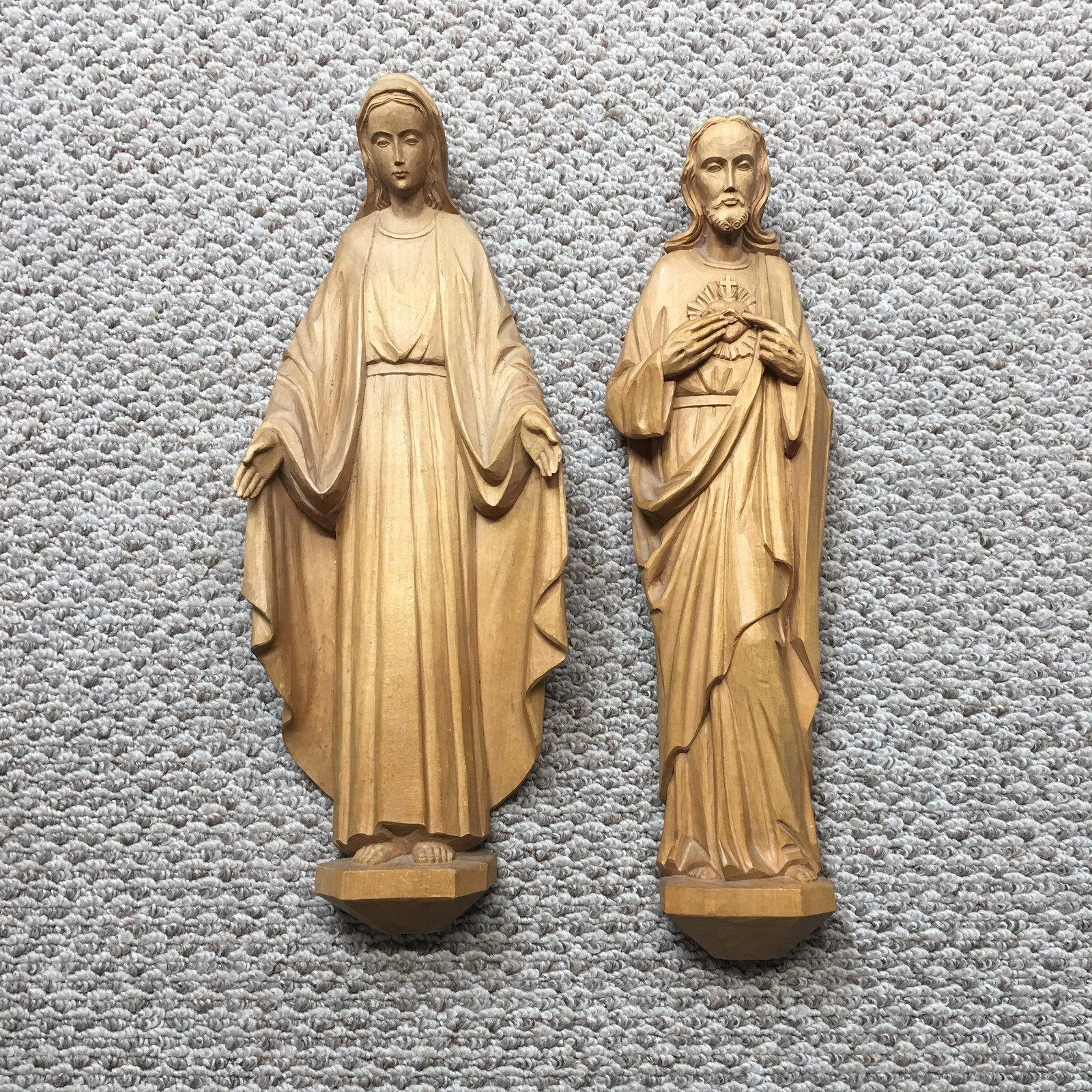 Vintage Oberammergau Woodcarving Jesus Mary German Wood Wall Statues Lot Of 2