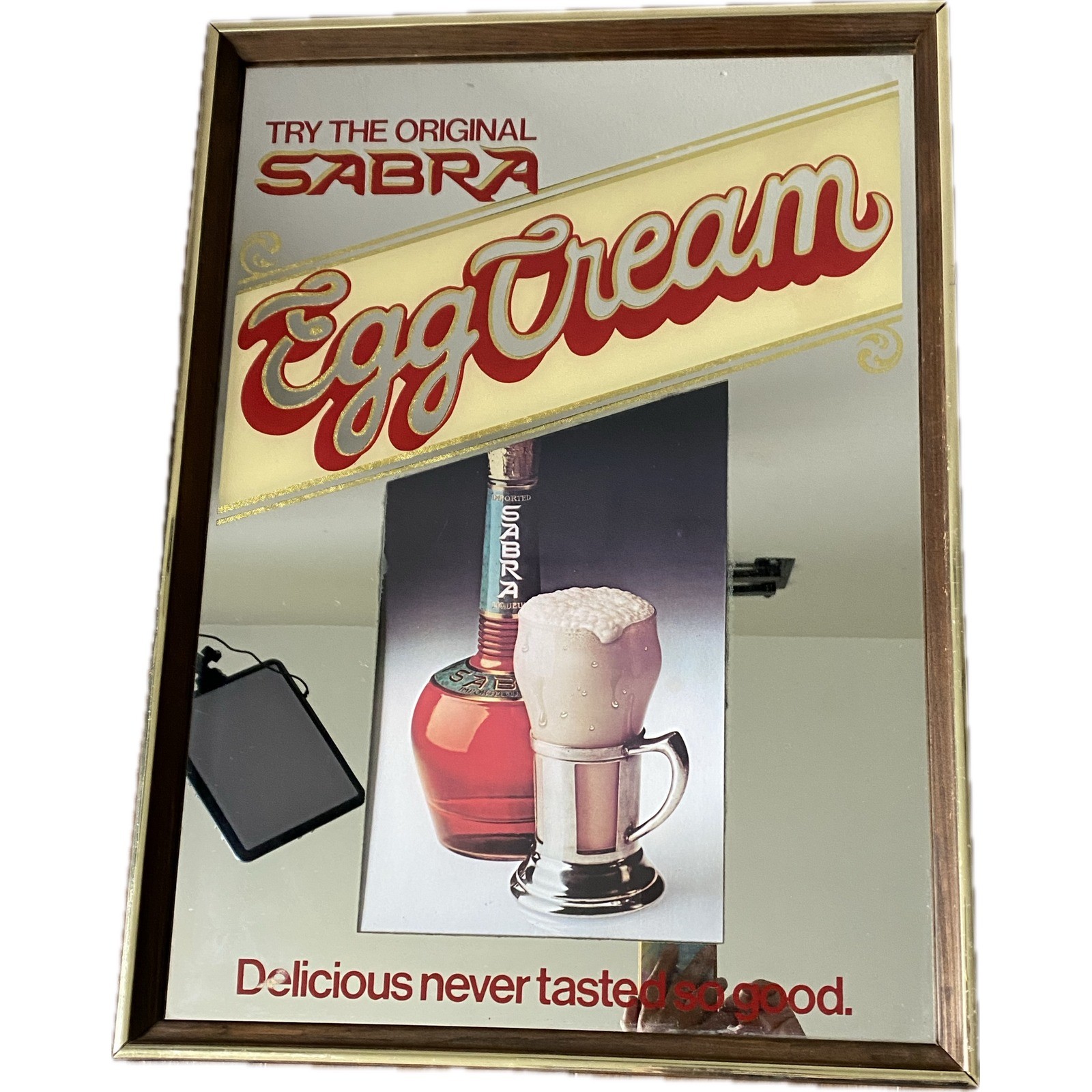 Vintage Sabra Liqueur Egg Cream Advertising Mirror Bar Sign Wood Frame 22x15 70s