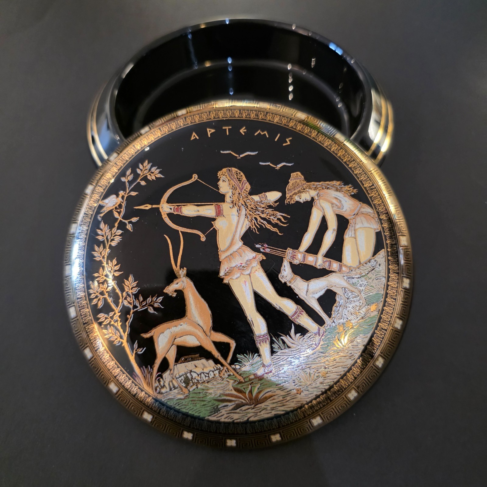 intage Greek Porcelain Artemis Trinket Box 24K Gold Trim Black & Gold Powder Jar