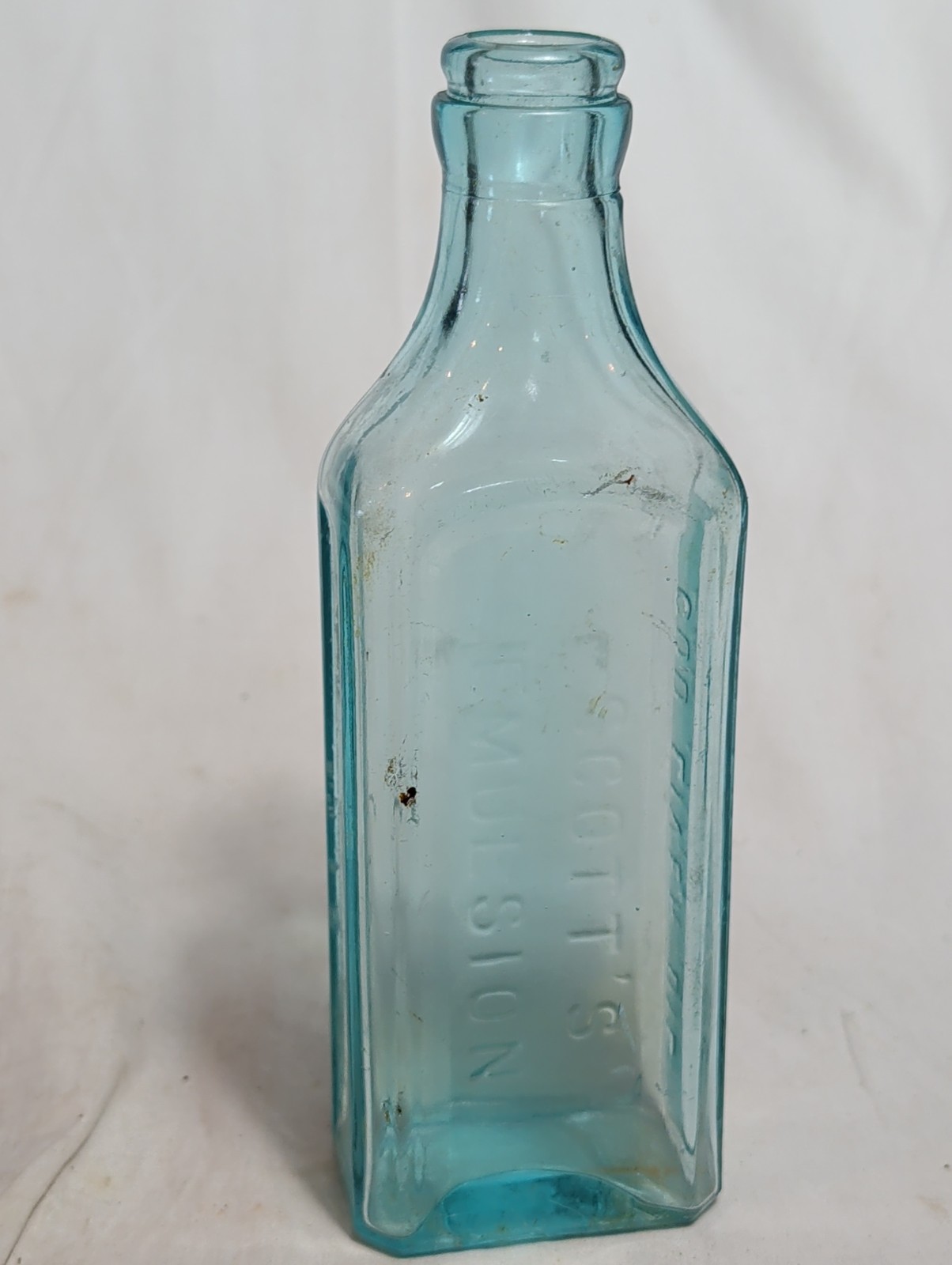 Vintage Scotts Emulsion Cod Liver Oil With Lime & Soda Bottle Aqua Blue Glass Vintage Scotts Emulsion Cod Liver Oil With Lime & Soda Bottle Aqua Blue Glass