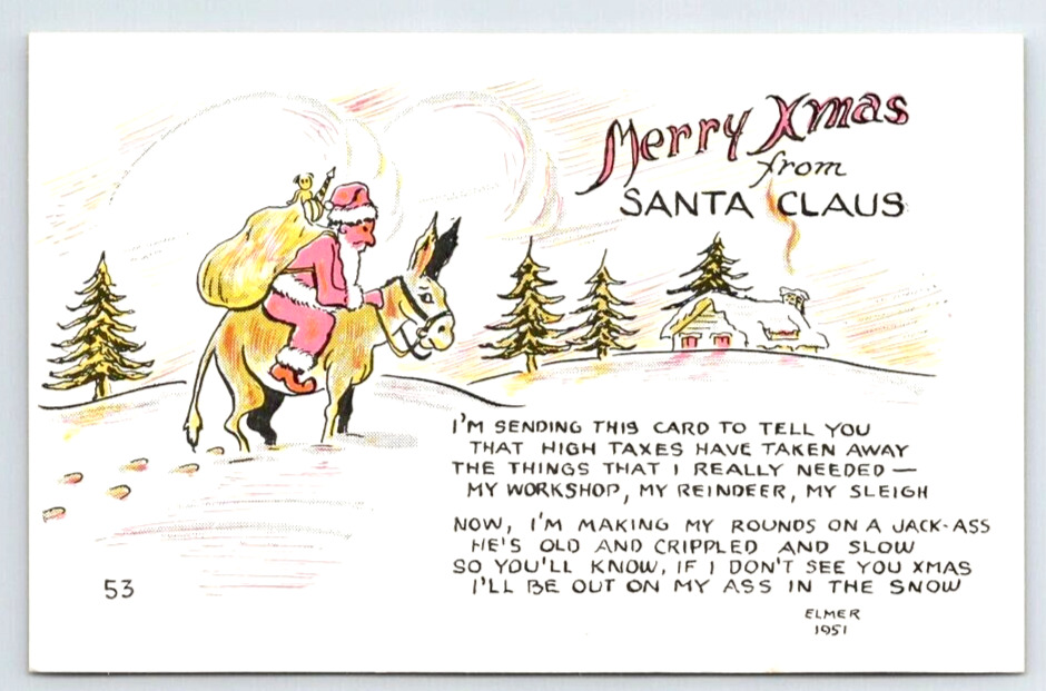 Santa Claus on Donkey~Vintage  Comic Poem Christmas  Postcard~k533