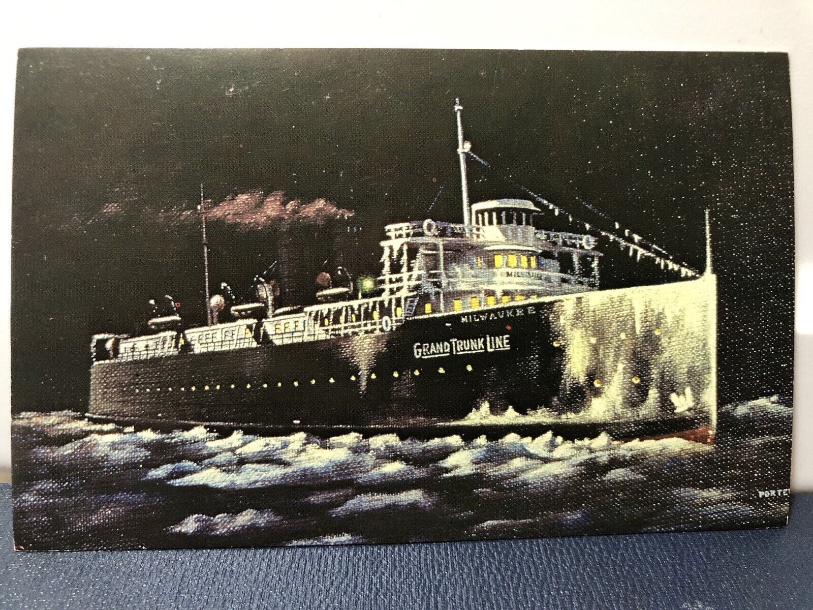 Postcard City of Milwaukee Car Ferry at Night Grand Trunk Lines Unposted