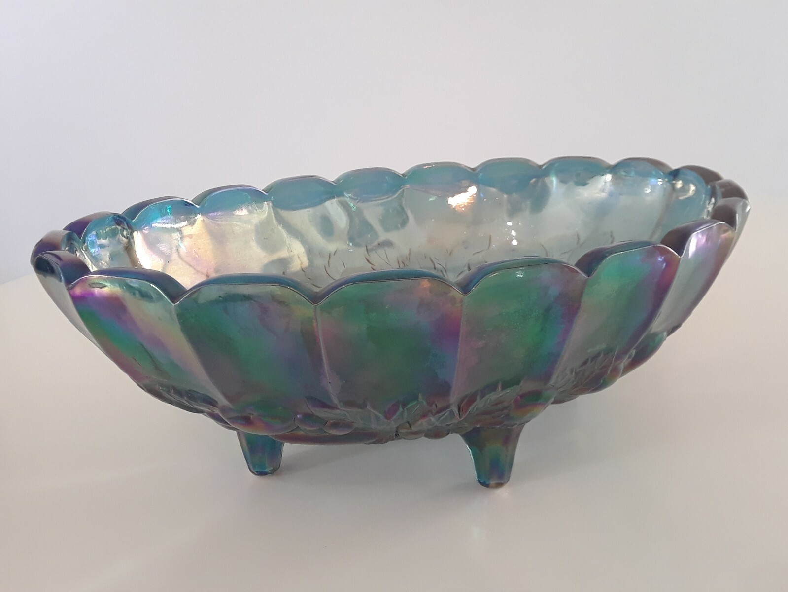Vintage Indiana Iridescent Carnival Glass Blue Harvest Grape Footed Fruit Bowl Vintage Indiana Iridescent Carnival Glass Blue Harvest Grape Footed Fruit Bowl