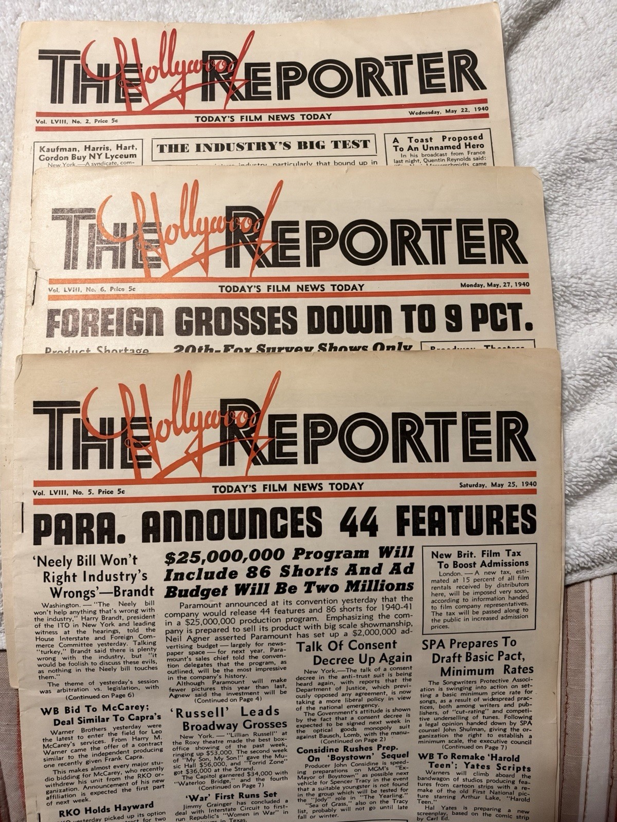 RARE 1940 THE HOLLYWOOD REPORTER - Set of 3 Original Newspapers.