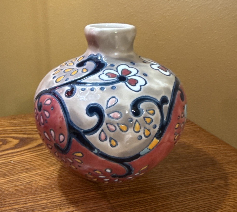 Anthropologie Delicate Division Vase Yellow Aqua W/Flowers Vines Dots 4.5” T