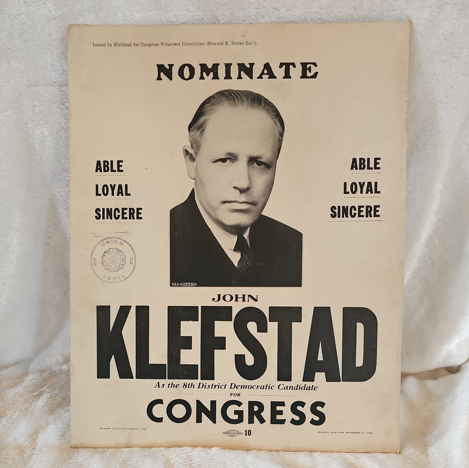 Vtg 1938 Congress Nominee John Klefstad Poster 8th District MN Union Stamp 