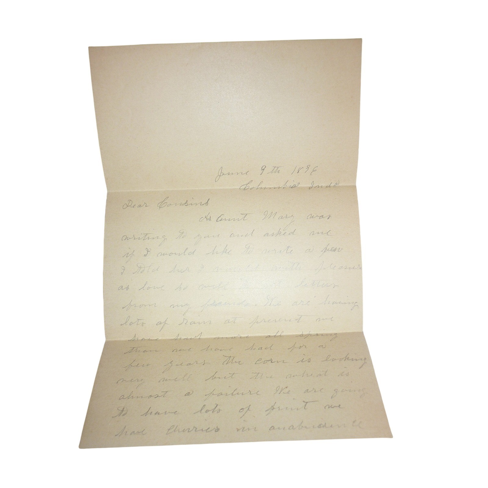 1896 Antique Indiana Farm Letter Columbia IN Agriculture Wheat Failure Butter