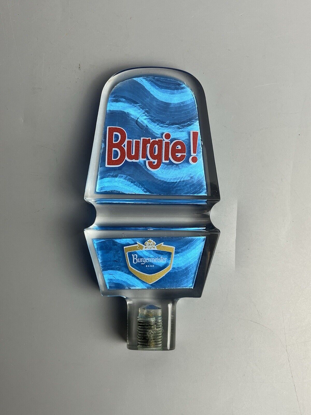 Vintage Blue Acrylic Lucite Burgermeister BURGIE Beer Tap Handle