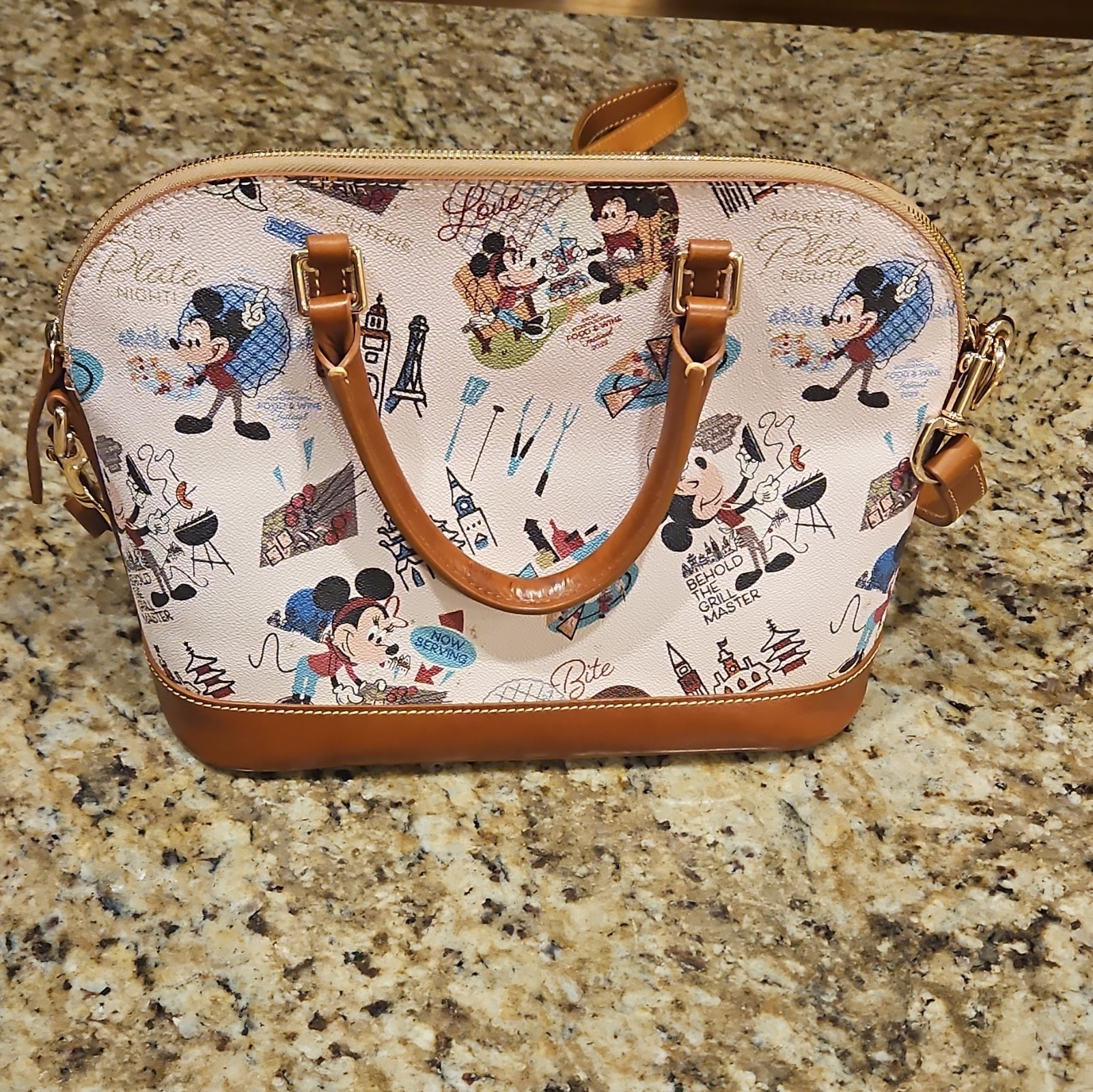 New Dooney & Bourke Disney Mickey & Minnie 2022 Food and Wine Print Medium Bag