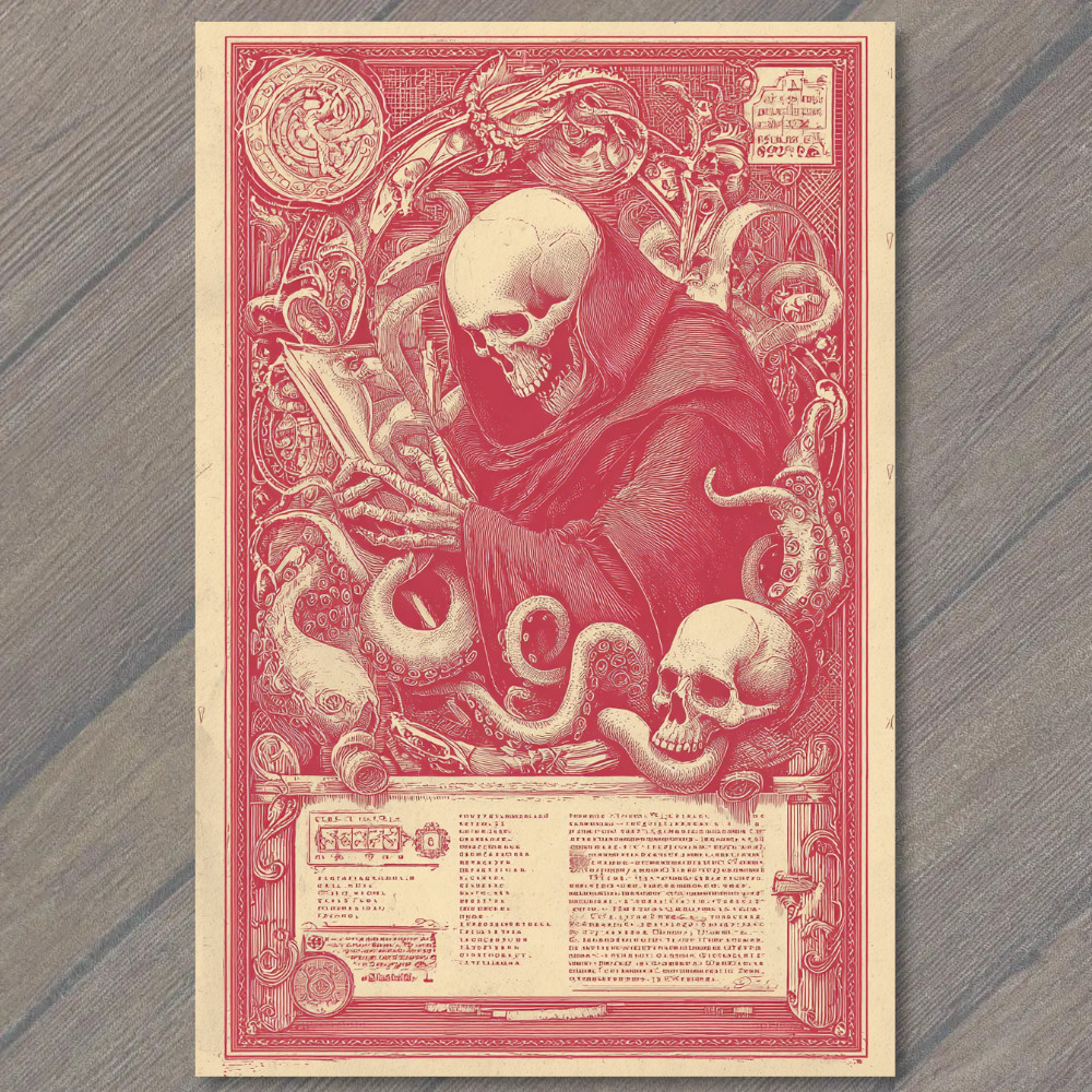 POSTCARD Red Grim Reaper Skeleton Tentacles Reading Gothic Occult Halloween Maca