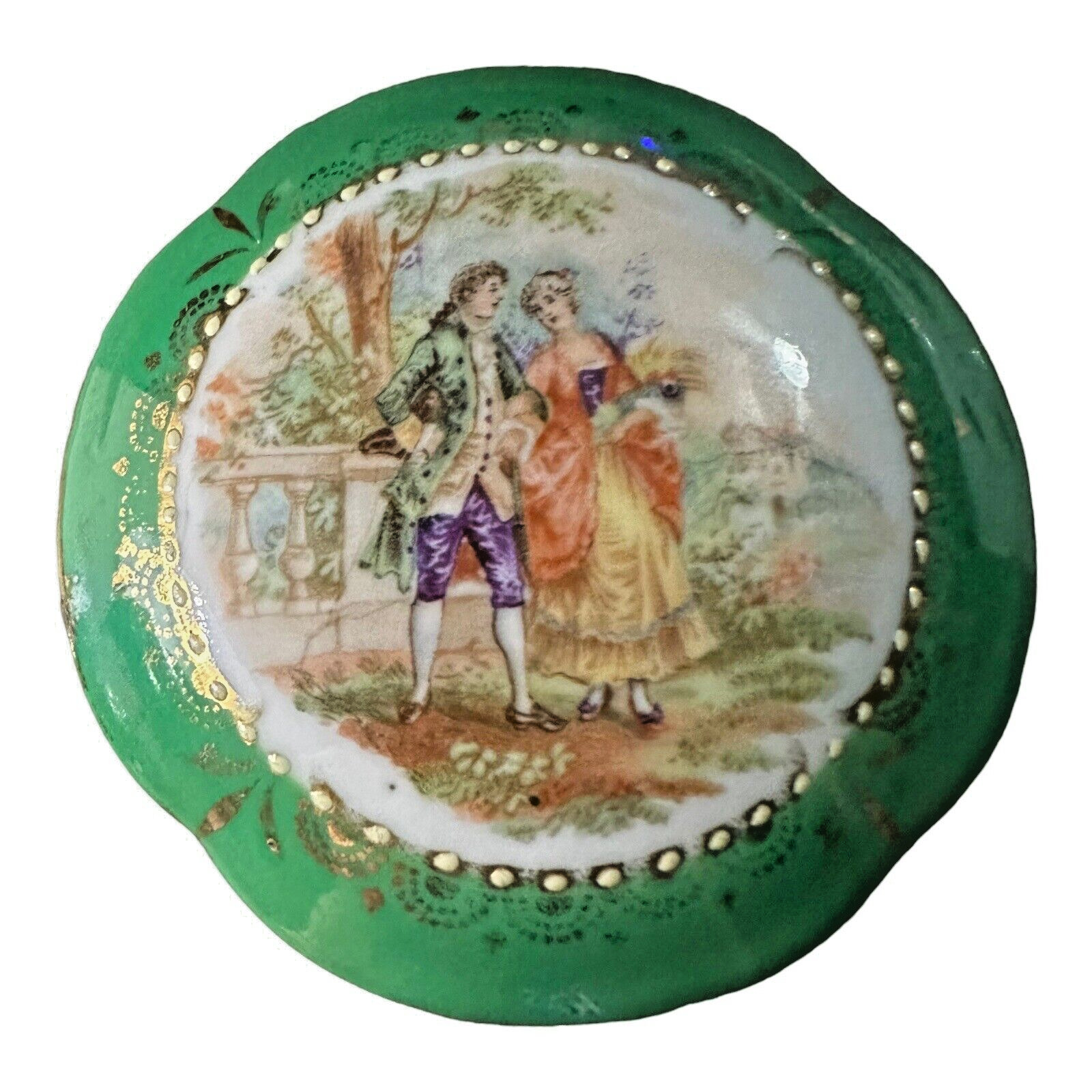 Irice Courting Couple Green Trinket Box Germany Hinged 3.25 Inches Vintage