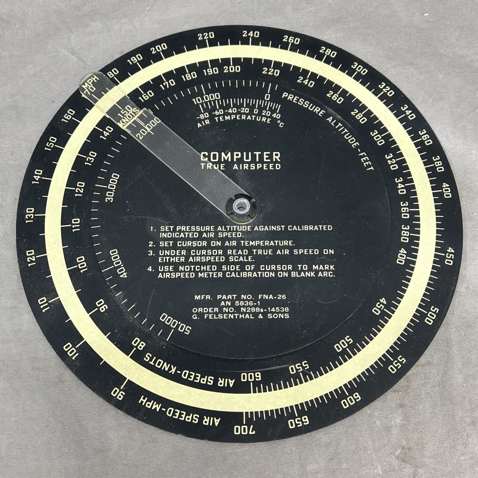 VTG True Airspeed circular slide-rule Computer G. Felsenthal & sons Black FNA-26