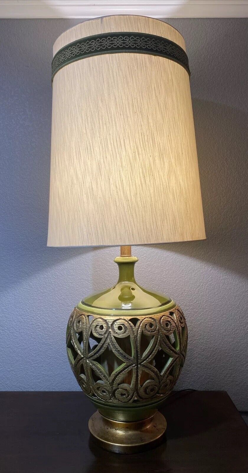 Large Mid Century Modern Ceramic Table Lamp With Inner Lamp Green Gold Huge