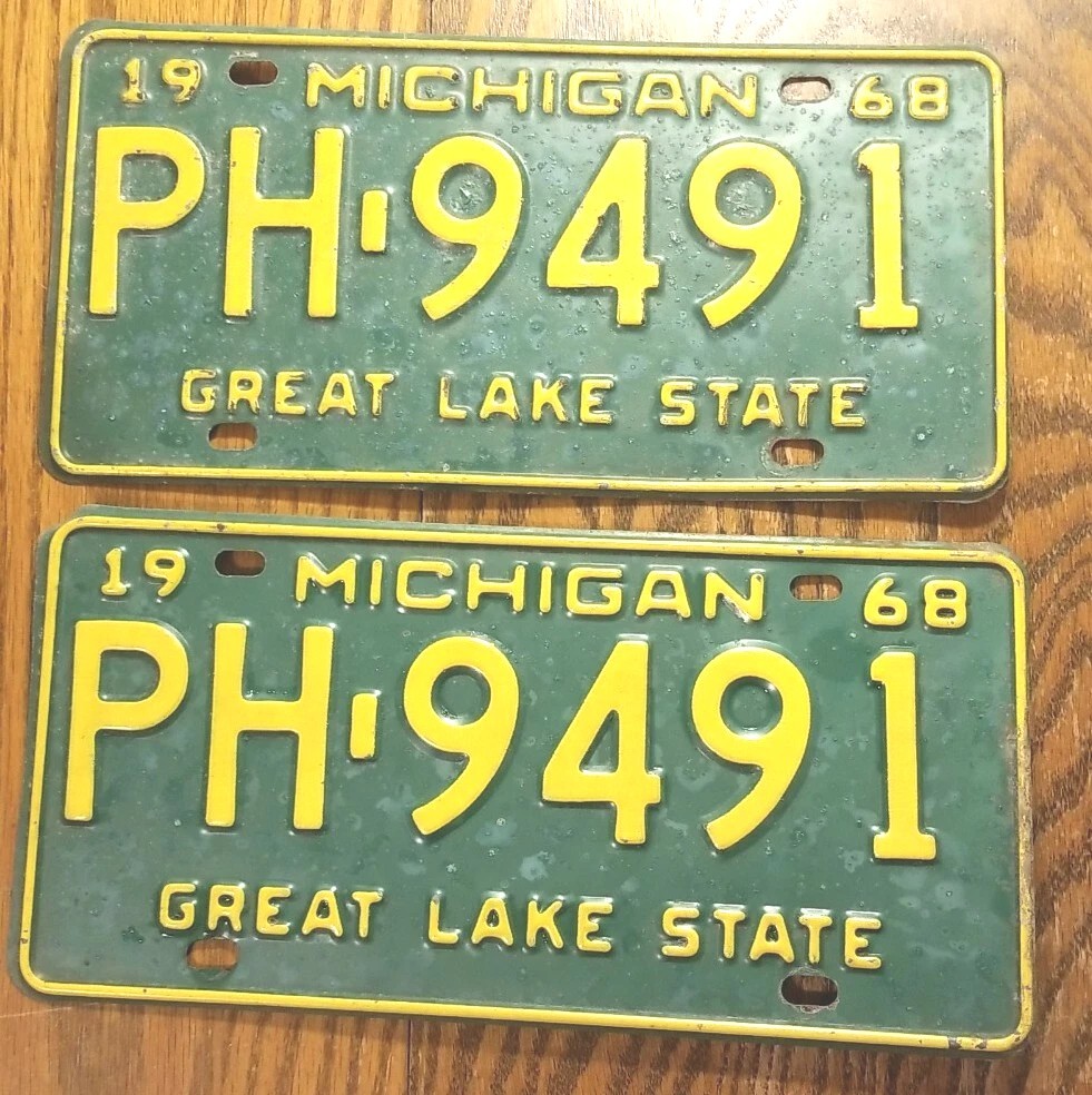 Pair of Vintage Michigan License Plates. 1968 Set Great Lake State PH 9491.