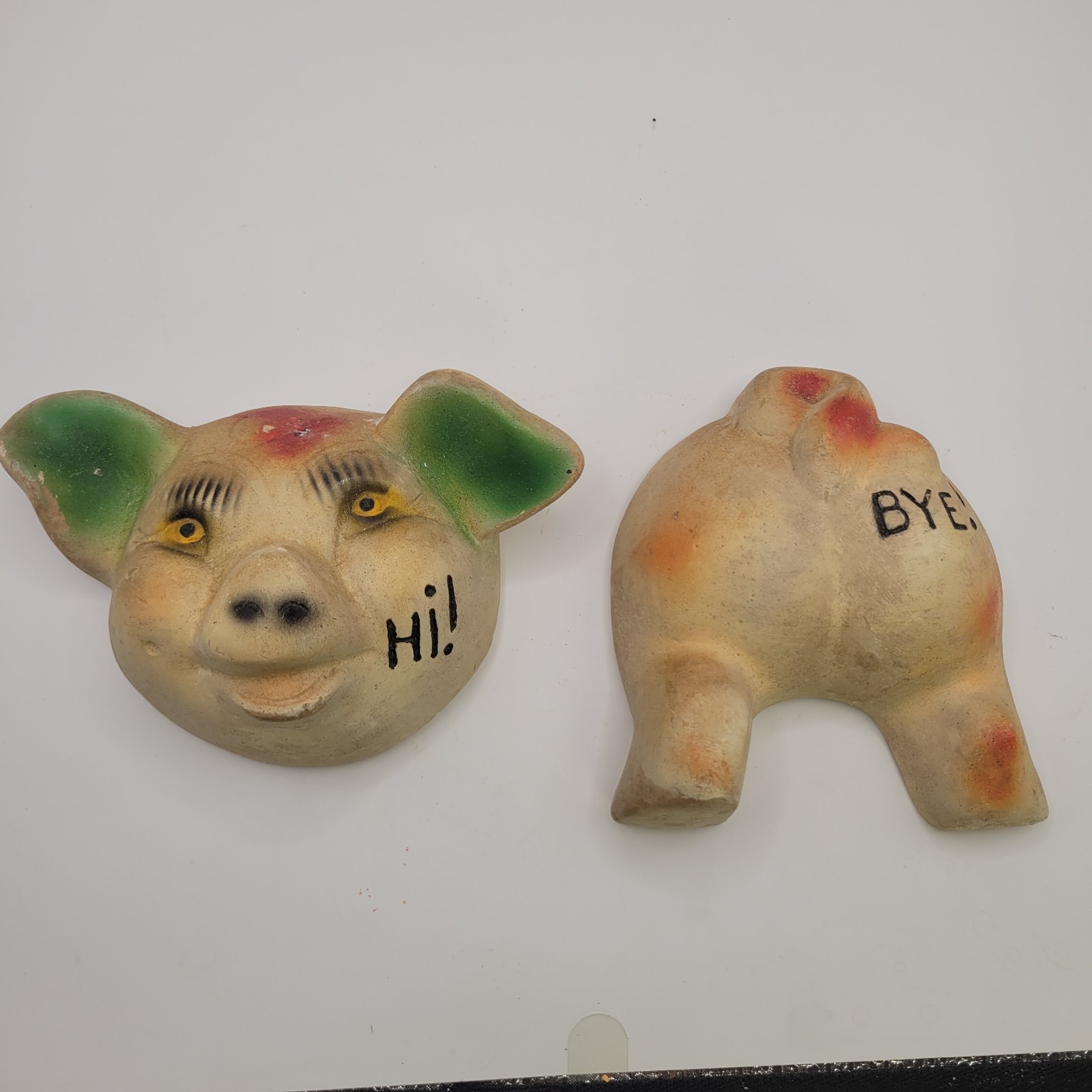 VTG Chalkware Pig Hi Bye Wall Plaque Anthropomorphic Lady Face Kitsch Front Rear