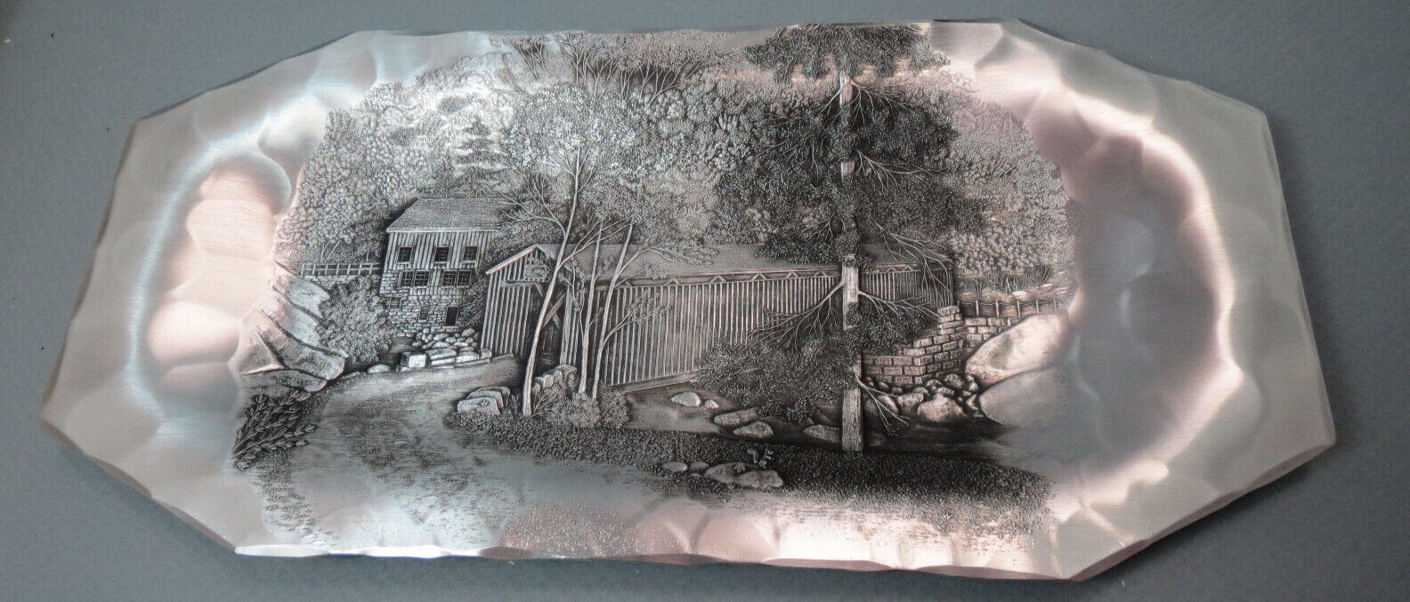 Wendell August Forge Hammered Aluminum Tray Brownstone and Garden Scene