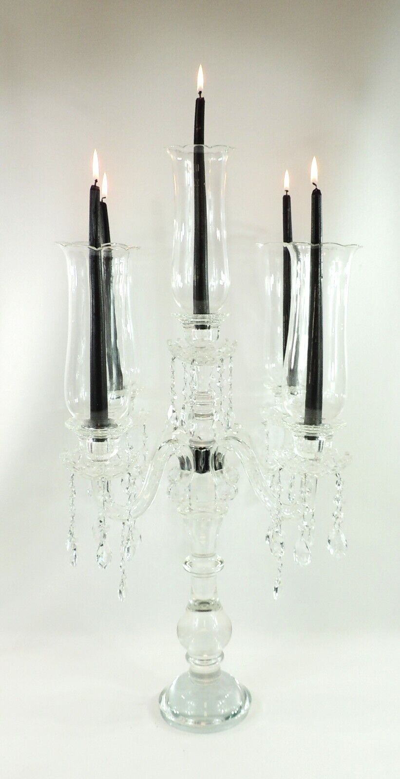 Crystal Taper Candle Candelabra w Bobeche & Prism Teardrops & Five Glass Shades