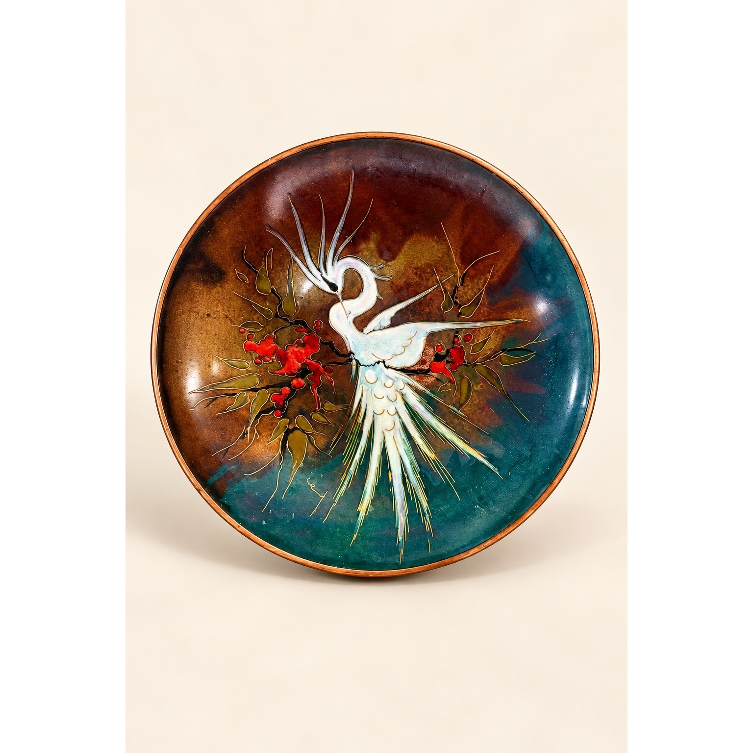 Vintage Enamel on Copper Bowl Heron Crane Bird 8.25\