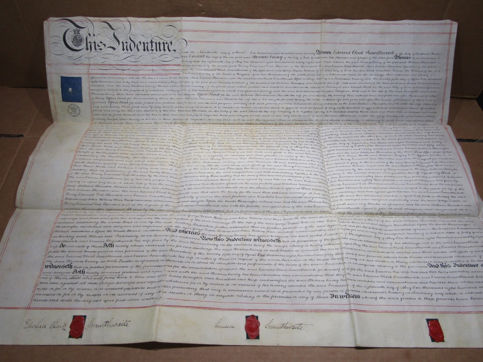 19th century 1870 Indenture Smurthwaite Durham Hosier Caney York vellum parchmen