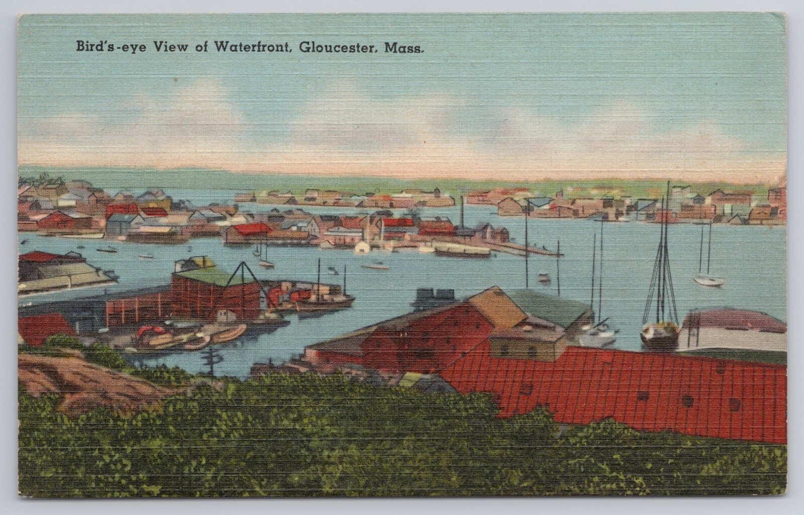 Bird's Eye View Waterfront Gloucester Massachusetts MA 1930s Postcard