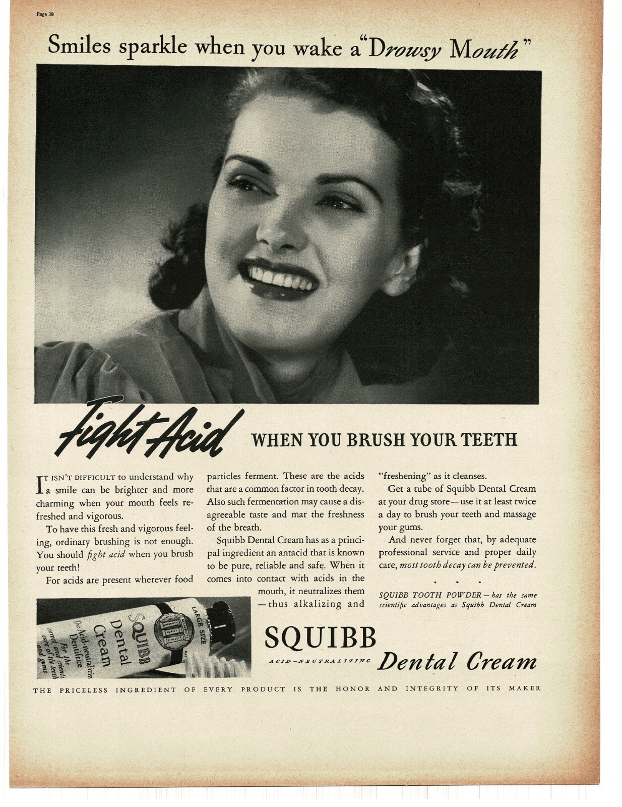 1938 Squibb Dental Cream Toothpaste fight acid Pretty Girl Vintage Print Ad 3