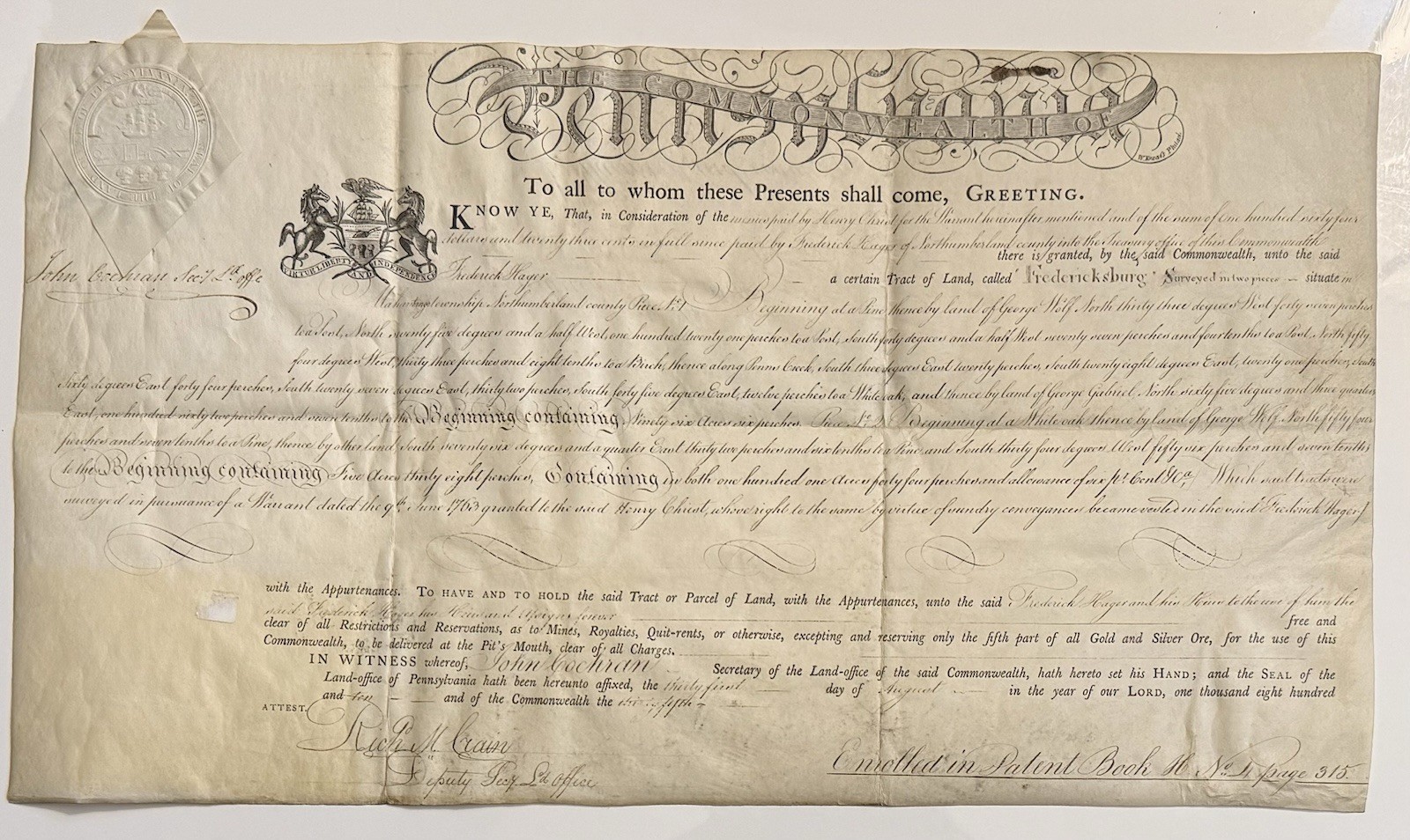 1810 Land Patent From Commonwealth Of Pennsylvania 