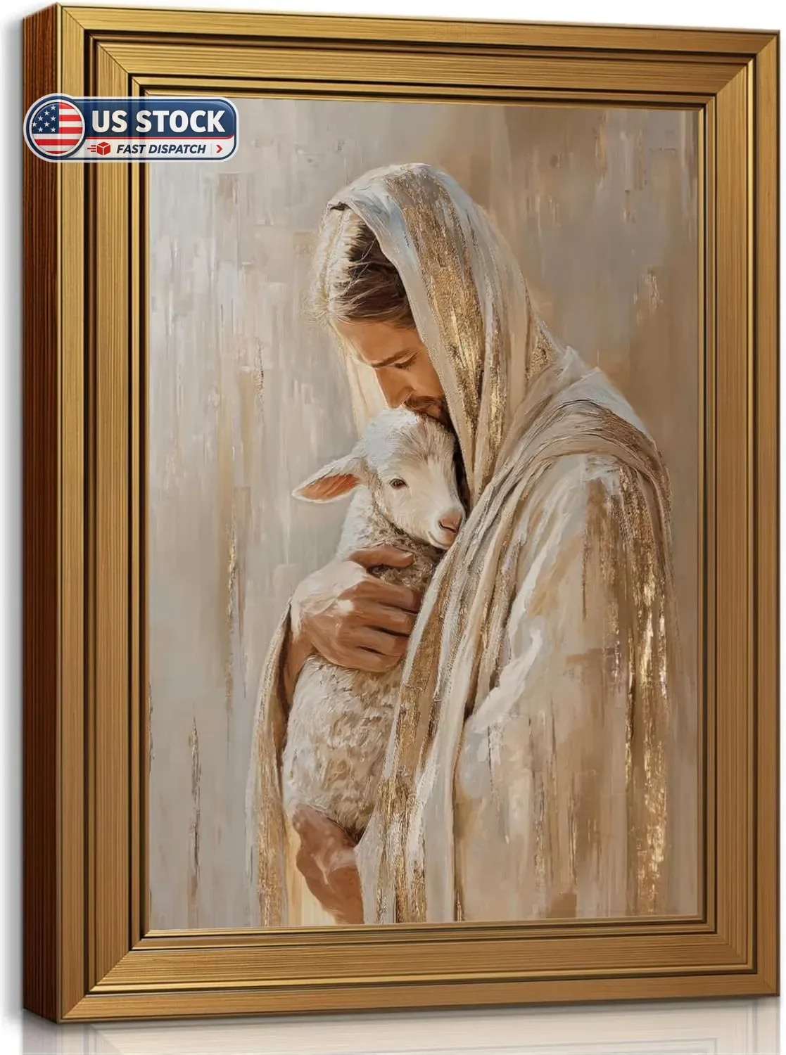 Gold Framed Vintage Wall Art Jesus And Lamb Canvas Printing Bible Stories Save T