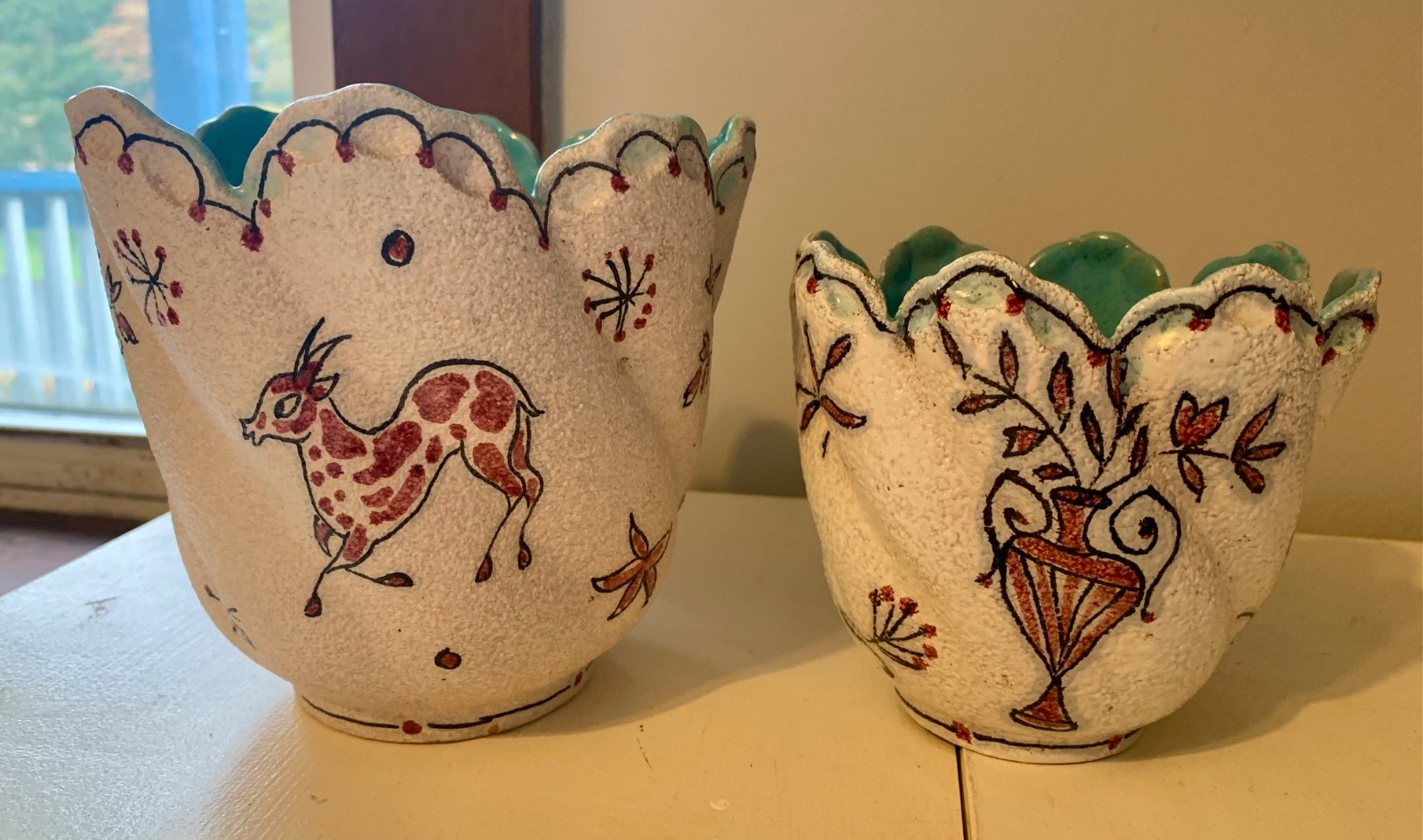 Vintage MCM Fratelli Fanciullacci pottery planter two piece set, animal motif