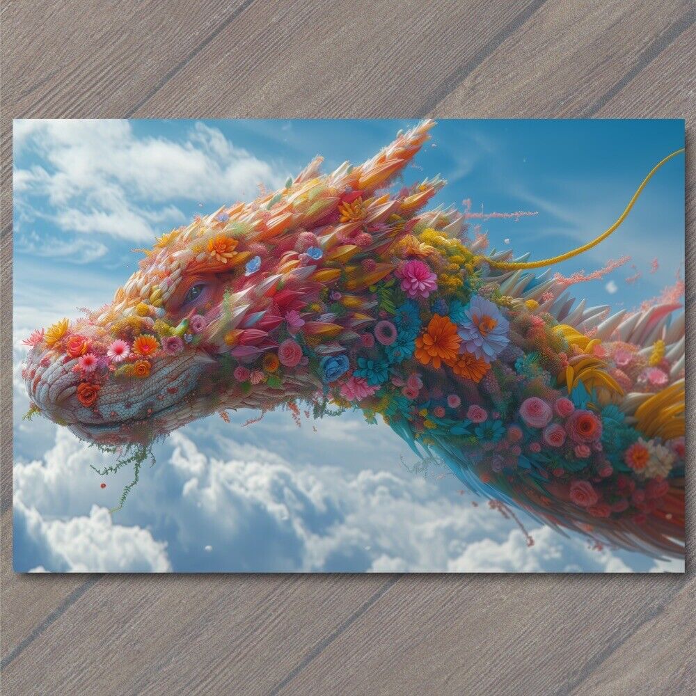 POSTCARD Flying Dragon Covered Flowers Cute Colorful Unreal Strange Fun Unusual