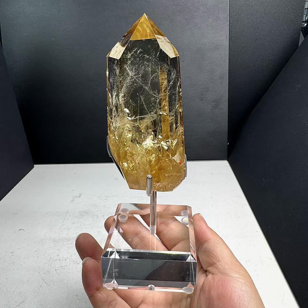 440g Natural Citrine Quartz Obelisk Energy Crystal Point Wand Reiki Decor+Stand