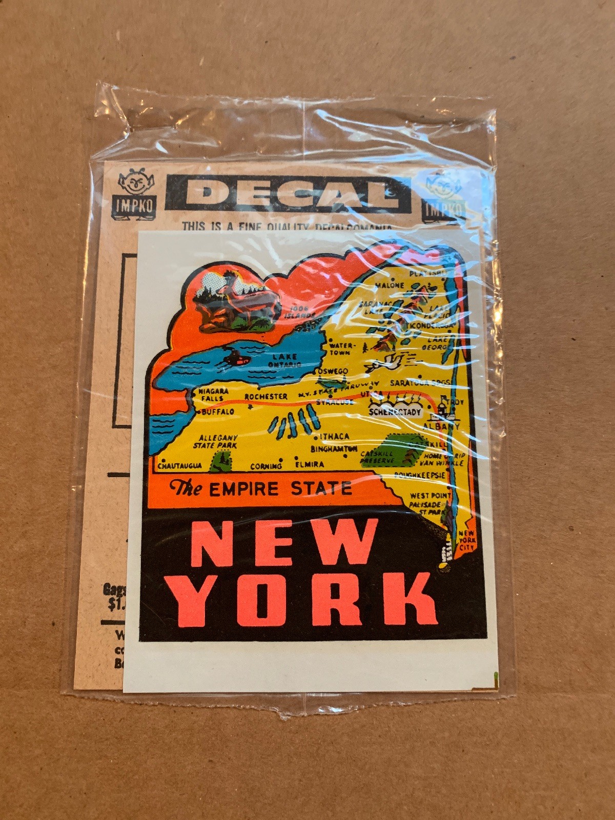 New York State Map Vintage IMPKO Car Travel Water Slide Decal New Old Stock