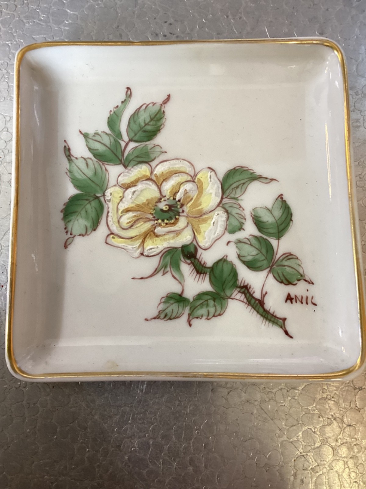 Porcelain Lemoges France Signed Anil 3.5” Square Trinket Dish Porcelain Lemoges France Signed Anil 3.5” Square Trinket Dish