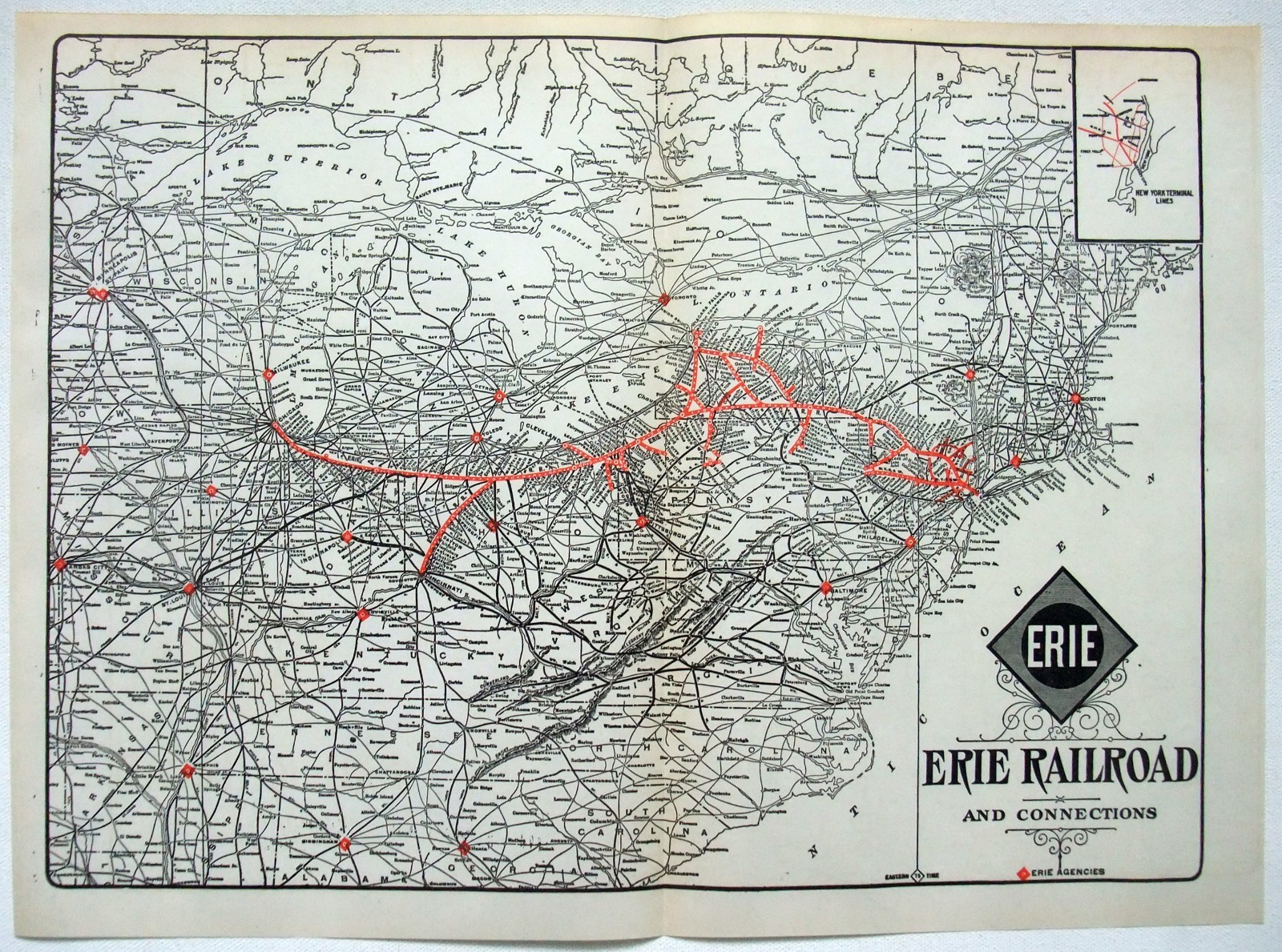 Erie Railroad - Original 1933 System Map. Vintage Railway Erie Railroad - Original 1933 System Map. Vintage Railway