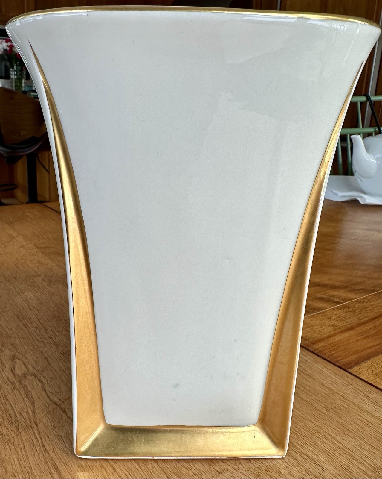 White Porcelain Vase Gold Trim Sleek Mid-Century 