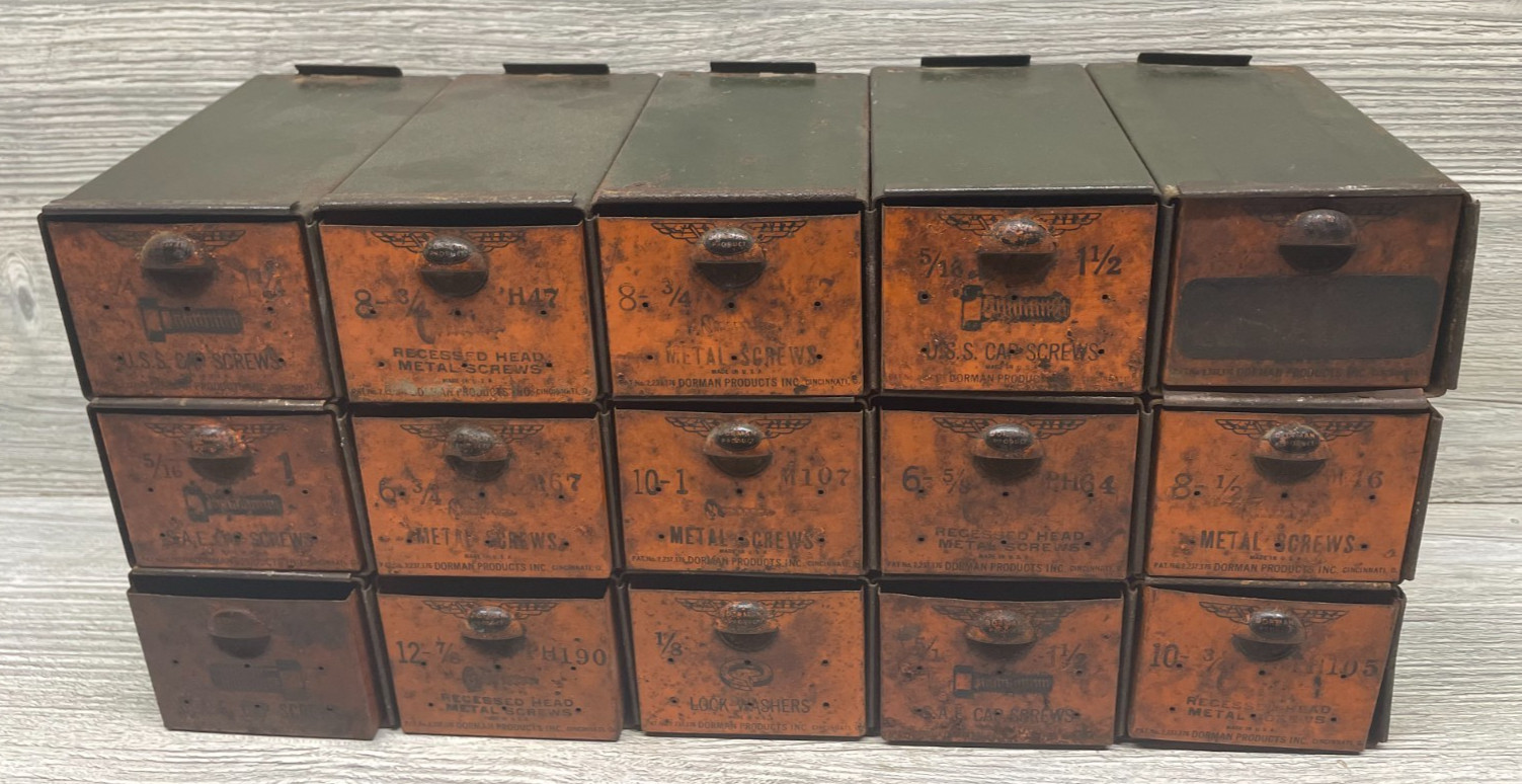 Vintage Dorman 15-Drawer Metal Add-A-Bin Nuts & Bolts Storage Workshop Cabinet
