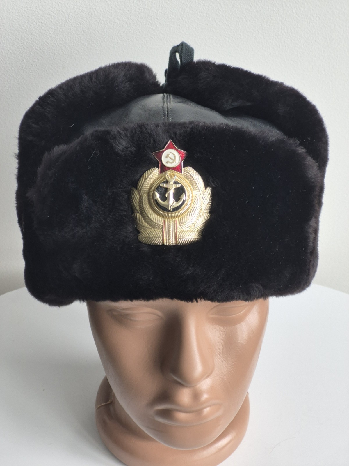VTG USSR Soviet Navy Naval Officer Ushanka Winter Hat Leather Sheepskin 58 NEW 