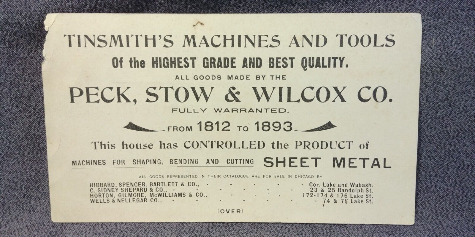 1890s Peck Stow Wilcox Victorian Trade Card Tinsmith Tool Hardware Machine S44