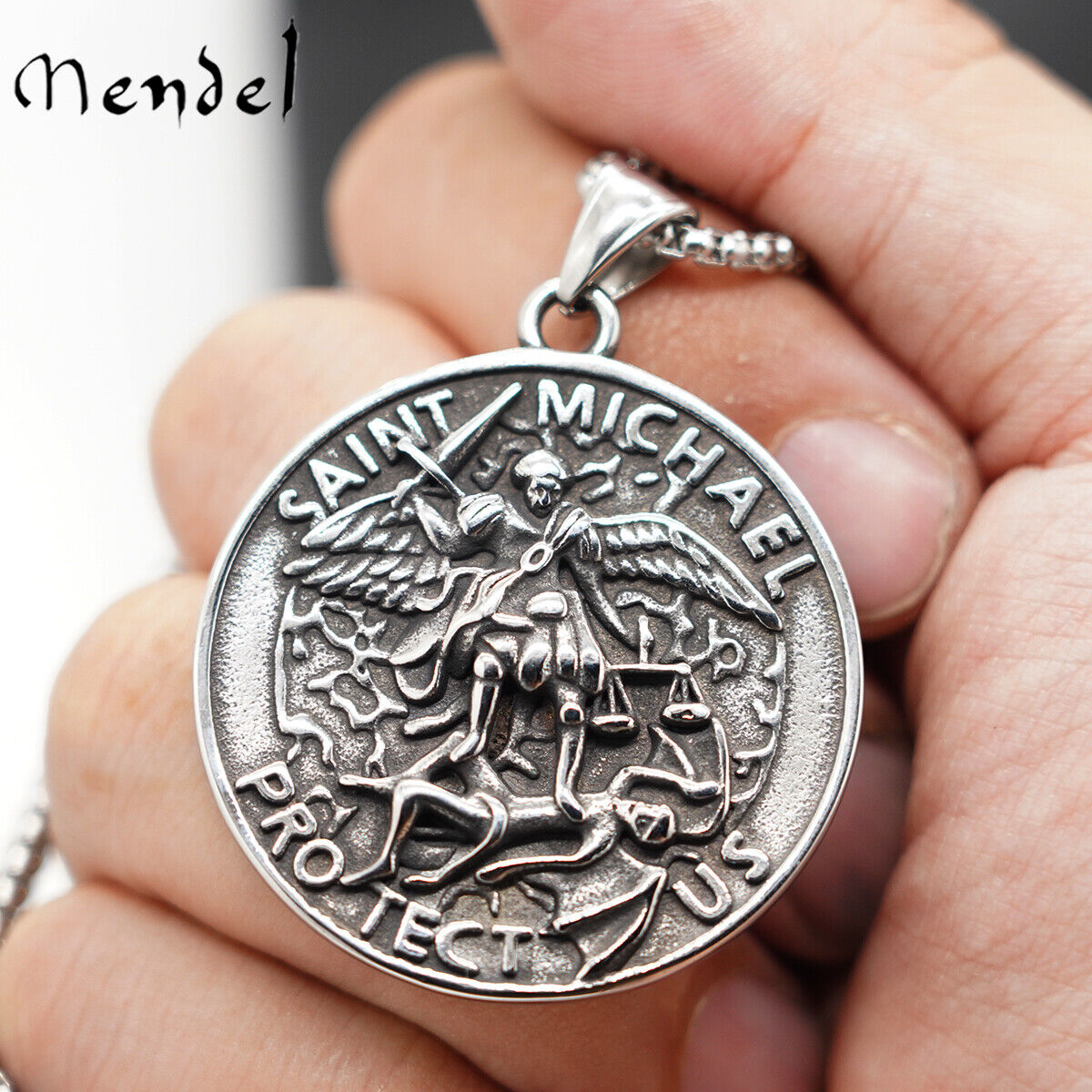 MENDEL Mens Catholic Christian Saint St Michael Medal Medallion Pendant Necklace