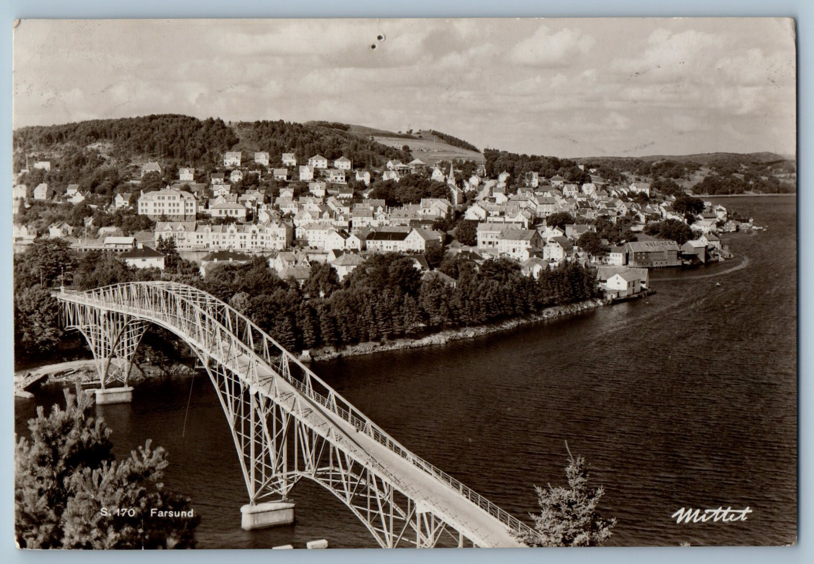 Farsund Agder Norway Postcard Aerial View of Bridge 1950 Posted RPPC Photo